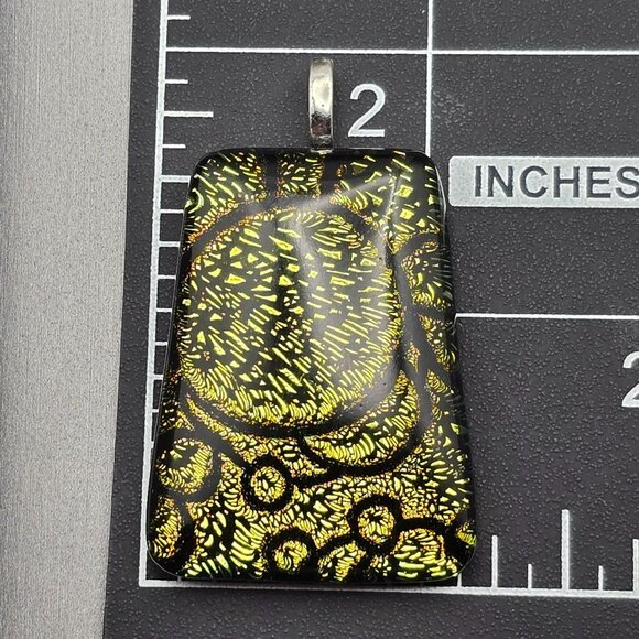 Dichroic Glass Pendant 1.75" Green & Black Circular Motif Trapezoid Shape - Picture 5 of 5